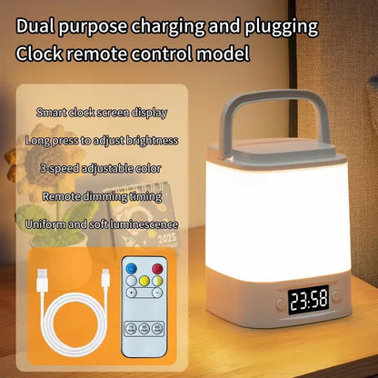 Rechargeable LED Night Light with Clock Display - USB Bedside Lamp, Touch & Remote, Adjustable Brightness & Color Temperature for Nursery & Reading