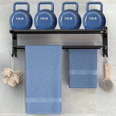 50 cm (19.7 in) Matte Black Folding Wall-Mount Aluminum Towel Rack with Hook, Double Bar