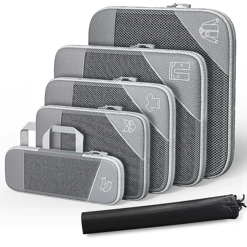 6-Piece Travel Compression Packing Cubes Set with Shoe Bag - Mesh Lightweight Luggage Organizers
