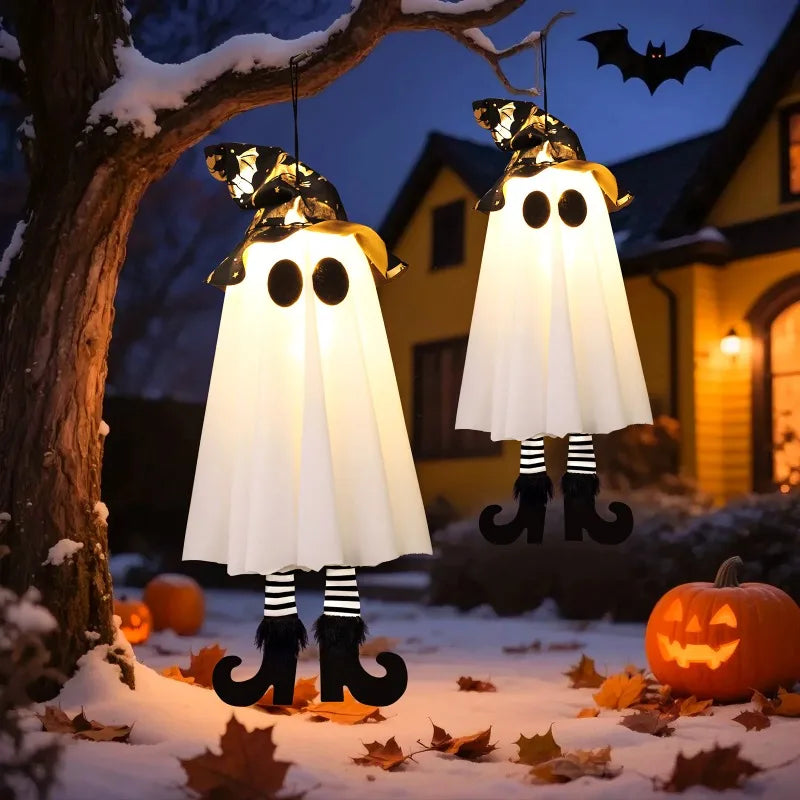 Halloween Light-Up Hanging Ghost Decoration – 3 Flashing Modes, Witch Hat & Plush Heels, 46cm, Indoor & Outdoor – 1PC or 3-Pack