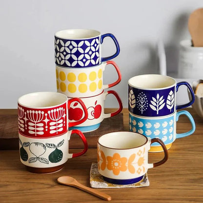 Japanese Flower Coffee Mug Set – Retro Ceramic Cup