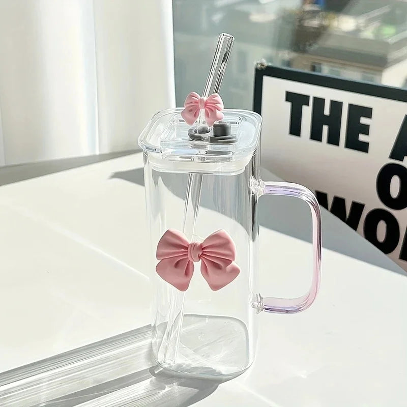 400mL Elegant Butterfly-Decorated Glass Tumbler with Straw & Handle - Reusable Freezer-Safe Water Cup for Coffee Juice Milk