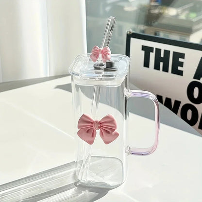 400mL Elegant Butterfly-Decorated Glass Tumbler with Straw & Handle - Reusable Freezer-Safe Water Cup for Coffee Juice Milk
