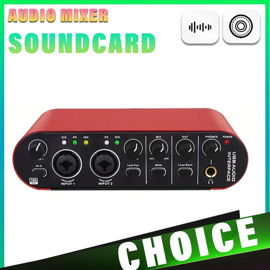 24-Bit 192 kHz USB Audio Interface with Loopback – External Sound Card for Guitar Recording & Stereo Monitoring (Red)