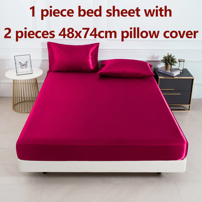 Satin Fitted Sheet Set 3-Piece (1 Fitted Sheet + 2 Pillowcases) Soft Breathable Solid Color Bedding