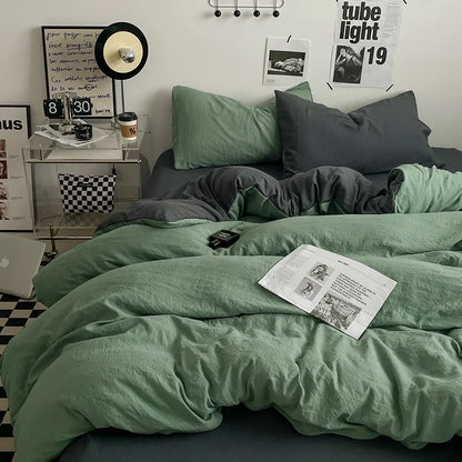 Washed Cotton Duvet Cover Bedding Set with Flat Sheet & Pillowcases, Queen & King Available