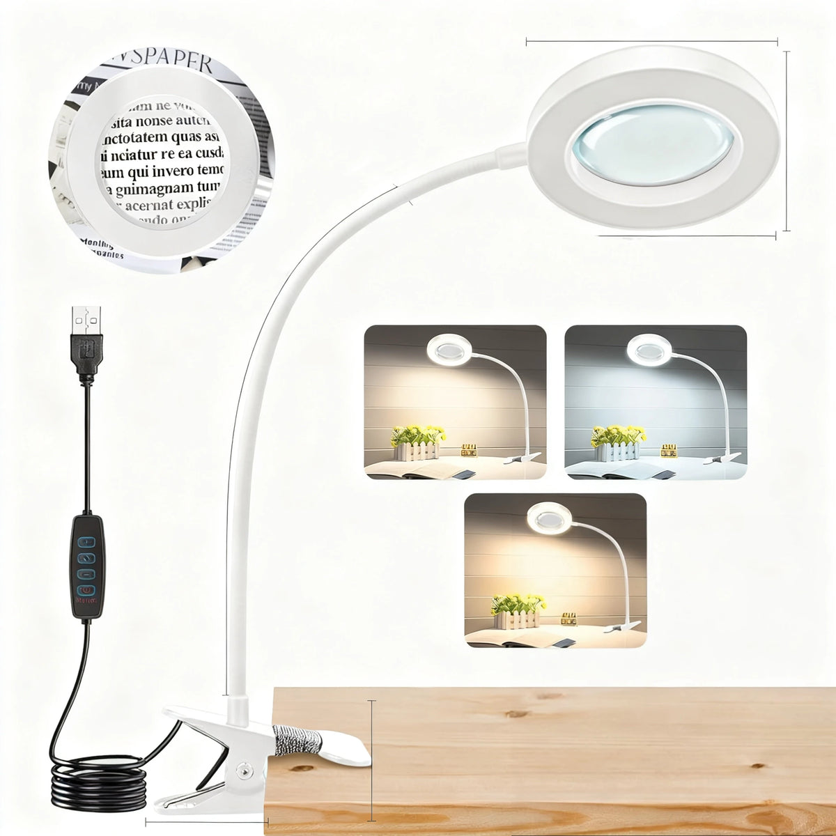 USB Clip-On Magnifying Desk Lamp, 5x Lens, Dimmable LED