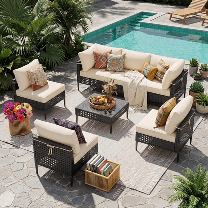 7-Piece High-Leg Modular PE Wicker Outdoor Sectional Sofa Set - Rust-Proof Frame, 4" Seat Cushions, Machine-Washable Covers, Tempered Glass Table
