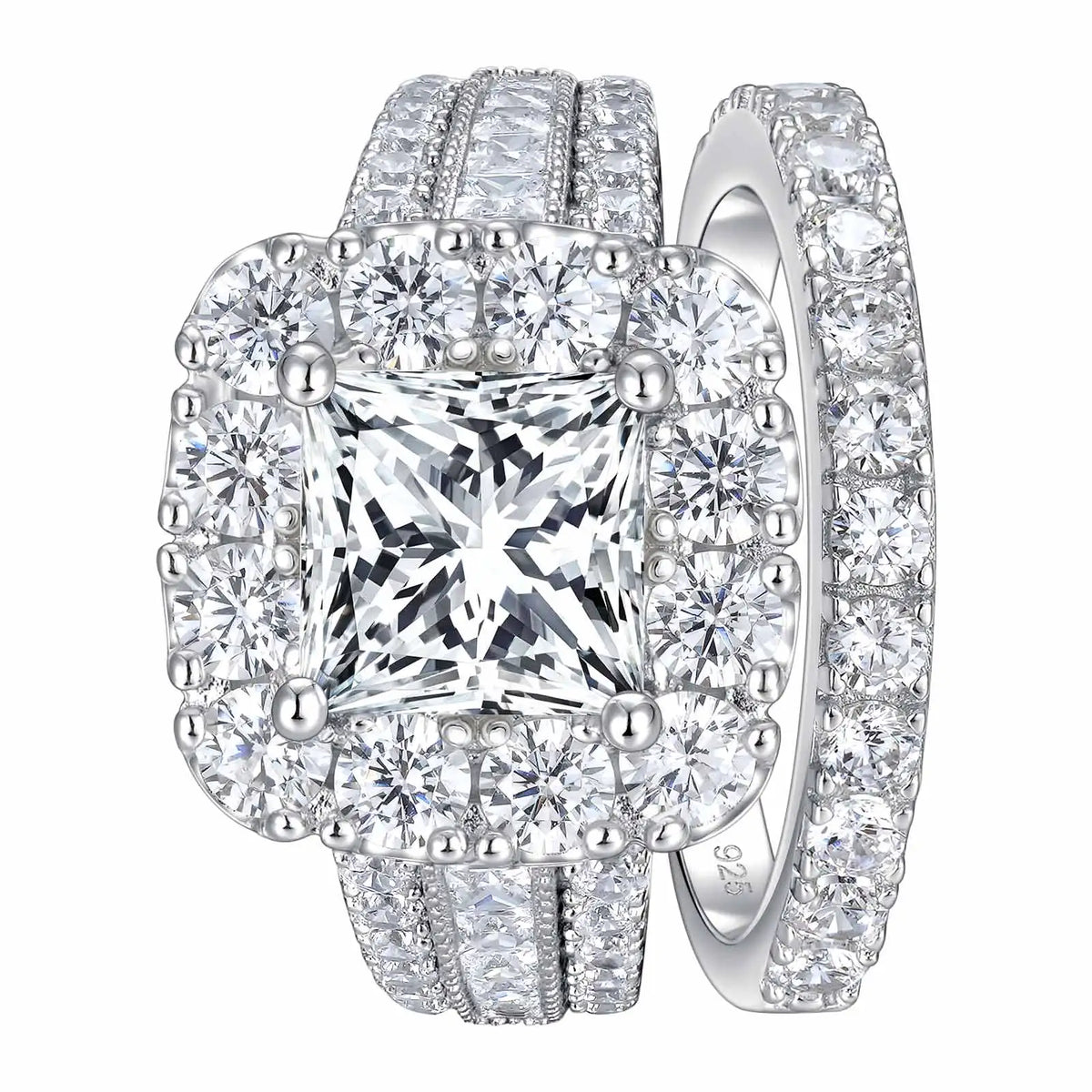 Newshe 925 Sterling Silver Halo Bridal Ring Set – Princess Cut CZ Engagement & Wedding Rings for Women