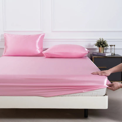 Satin Fitted Sheet Set 3-Piece (1 Fitted Sheet + 2 Pillowcases) Soft Breathable Solid Color Bedding