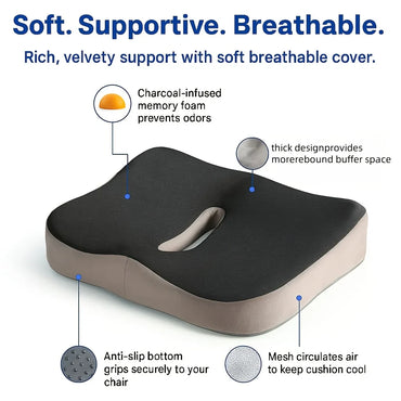 Memory Foam Seat Cushion with Center Groove – 3D Ergonomic Pressure Relief, Non-Slip Washable Cover for Office, Car & Home (Black/Grey)