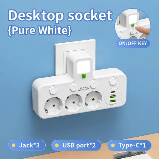 EU Plug Wall-Mounted Power Strip, 3 AC Outlets with Independent Switches, 2 USB-A + 1 USB-C Charging Ports (2500W)