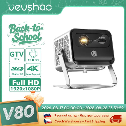 VEVSHAO V80 4K Projector Full HD1080P 2200 Anis Lumens Android 11.0 WiFi 6 Video Home Movie Theater Projectors with Base Stand