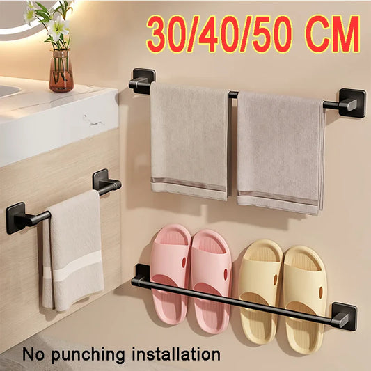 Self-Adhesive No-Drill Bathroom Wall Towel Rack 20-24 in (50-60 cm) Aluminum Single Bar with Hooks