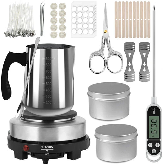 DIY Candle Making Kit with 500W Electric Hot Plate, 900ml/600ml Stainless Steel Melting Pot, Thermometer & Candle Tins