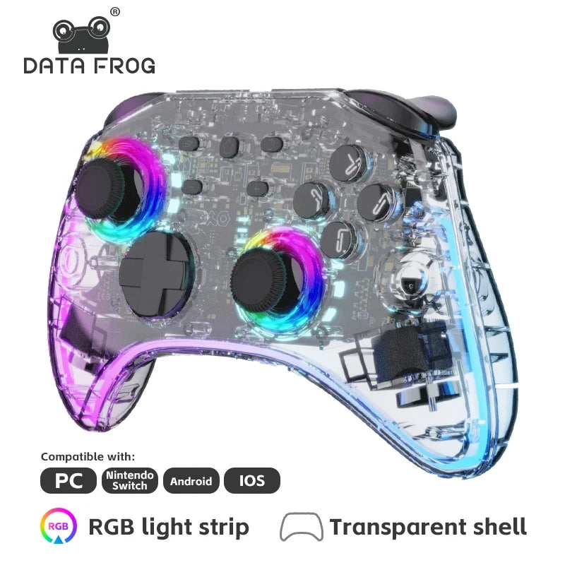 DATA FROG Transparent Wireless Game Controller RGB LED Gamepad With Audio Jack For Switch OLED PC Steam Deck Android Phone