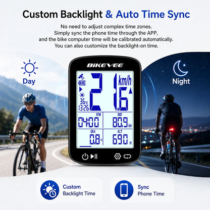 Bikevee BKV-500 GPS Bike Computer with Bluetooth 5.3 - 2.4" LCD, 28hr Battery, 5-Satellite GPS, IPX7, External Sensor Support, 50g, 2-Year Warranty
