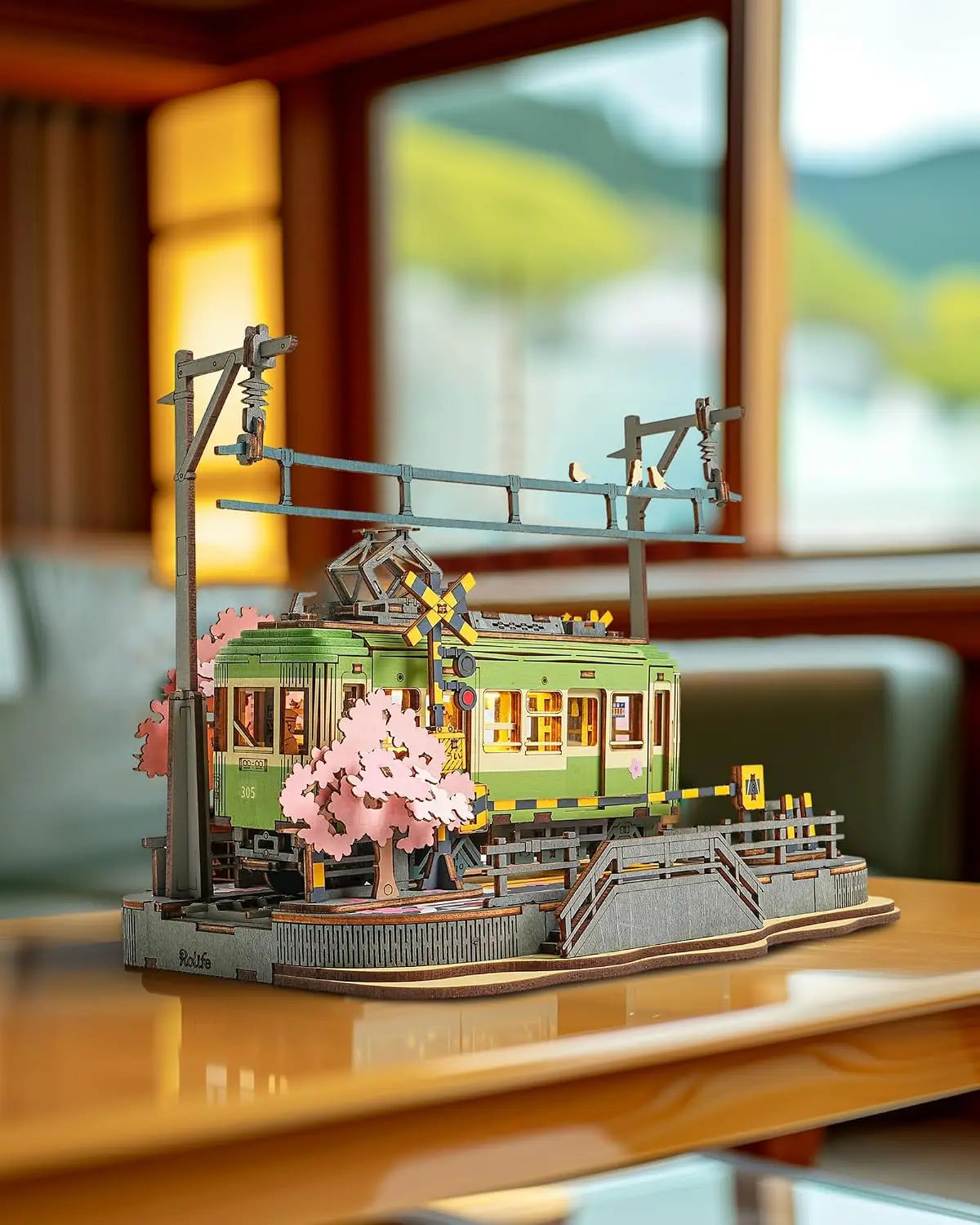 Robotime Sakura Journey Tram 3D Wooden Puzzle with LED Lights – 223-Piece Model Kit for Adults