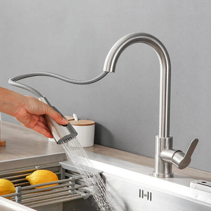 360° Rotating Telescopic Pull-Out Kitchen Faucet - Brushed Nickel, Single-Handle Deck Mount