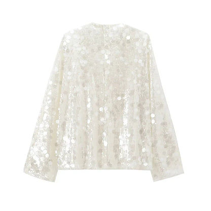 Women’s Sequin Kimono Jacket V-Neck Long Sleeve Patchwork Wrap Coat with Lace-Up Belt