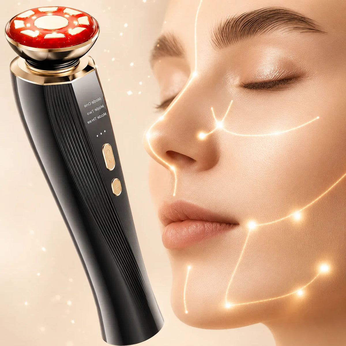 3-Mode LED Red Light Therapy Facial Massager Wand – Handheld Face & Neck Skincare Device for Home Spa