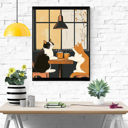 Funny Cat Coffee Wall Art for Tabby and Tuxedo Cat Owners Vintage Cat Cafe Print Black Cat Coffee Poster Unique Funny Animal Kit