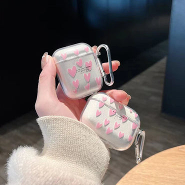 Glitter Heart Silicone Protective Case for Wireless Earbud Charging Case — Soft TPU Pink Cartoon Cover