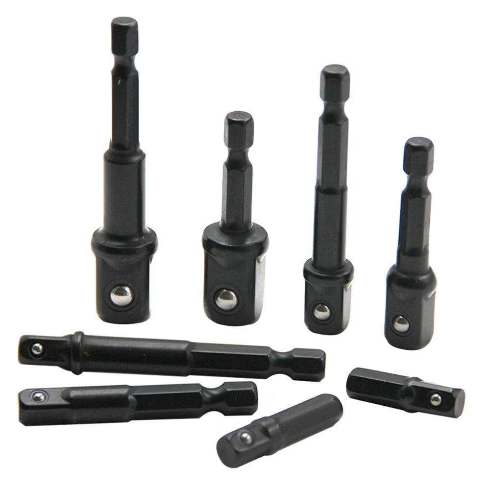 8-Piece Black Drive Adapter & Extension Rod Set for Screwdrivers — 1/4, 3/8, 1/2 in (6.35, 9.53, 12.7 mm), Assorted 25–73 mm