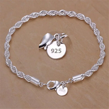 925 Sterling Silver Bracelet 4mm20cm Flat Side Chain Lobster Clasp for