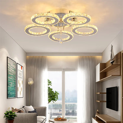 GreeLustr Modern LED Crystal Ring Chandelier – Dimmable Ceiling Pendant Light for Living Room, Bedroom & Dining Room (3 or 5 Rings)