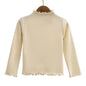 Girls Turtleneck Long Sleeve Lettuce-Edge Knit Tee – Solid Color Autumn Winter Top