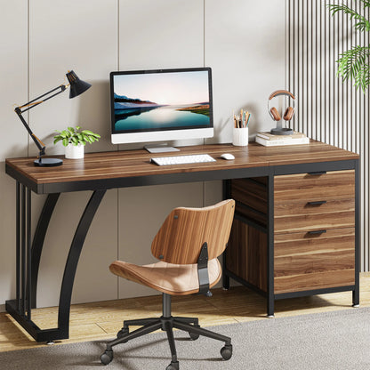 Tribesigns 59" Computer Desk with 3 Drawers - 59x19.68" Industrial Writing Table, Reversible Drawer Unit, Metal Frame, White/Rustic Brown/Walnut