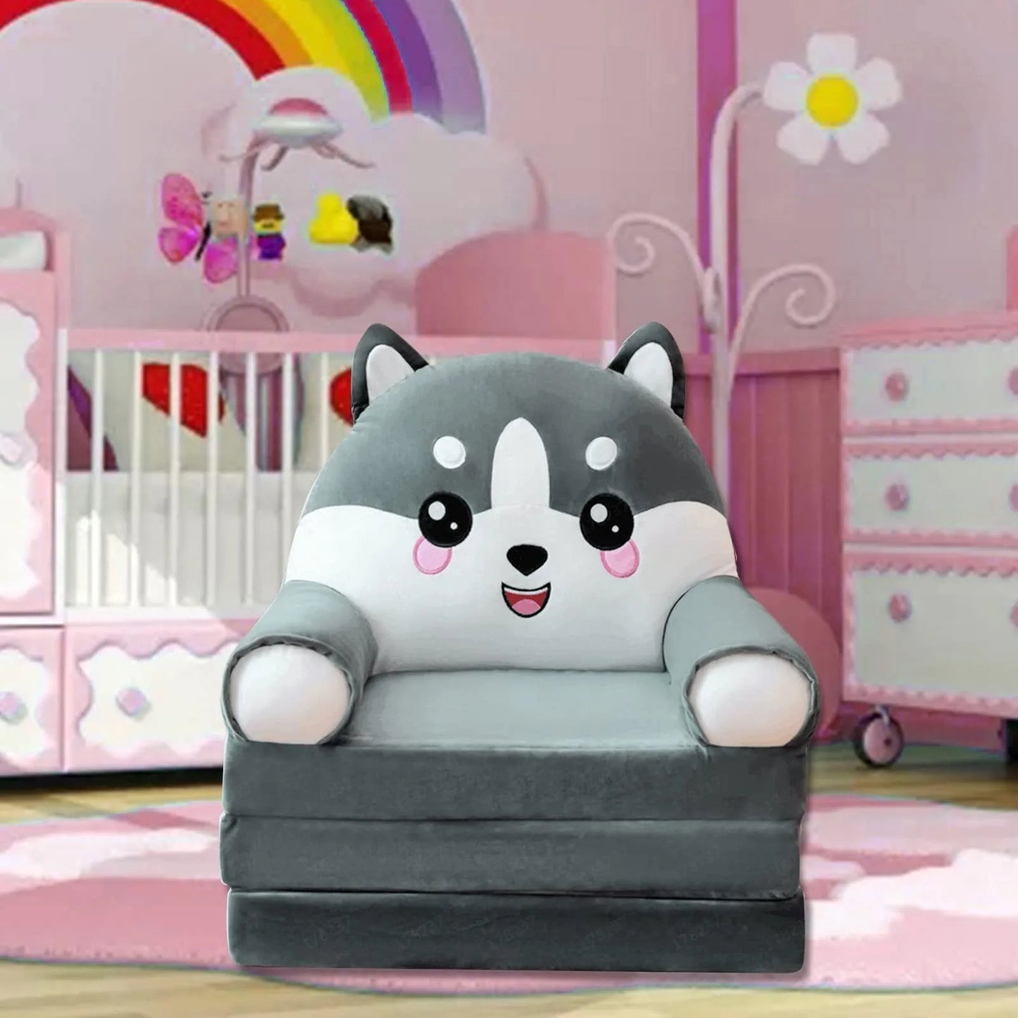 Plush Foldable Kids Sofa Bed 2-in-1 Cartoon Armchair with Removable Washable Cover