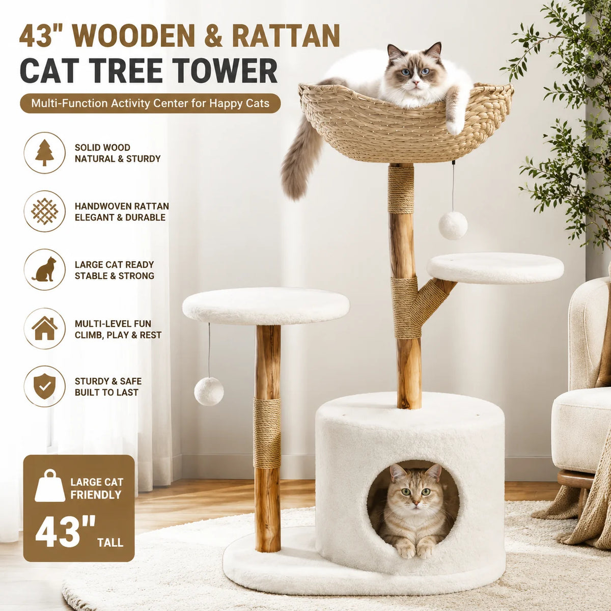 43" Wood & Rattan Multi-Level Cat Tree Tower - Large Cat, Multi-Level Perches, Floor Mount, Indoor, 28.74" x 17.32" Footprint