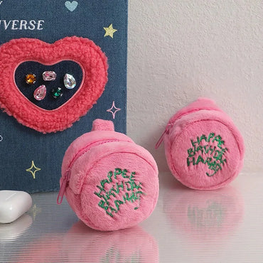 Pink Kawaii Mini Plush Coin Purse – Cute Cake Design Earphone & Cord Storage Pouch with Keychain