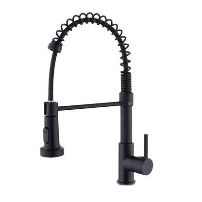 Pull-Down Spring Kitchen Faucet — Matte Black Brushed Stainless, 360° Swivel, Hot & Cold Mixer, Single-Handle Pull-Out