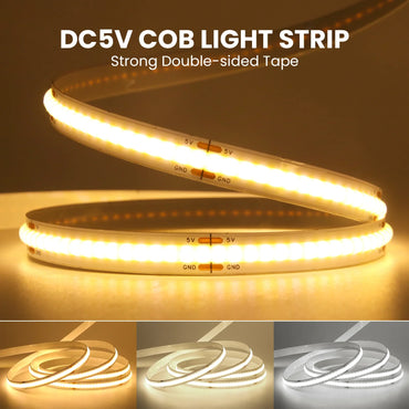 5V COB LED Strip Light with 3xAA Battery Box, 8mm 320 LEDs/m, 0.5–5m, Warm/Natural/Cool White, Adhesive Backing