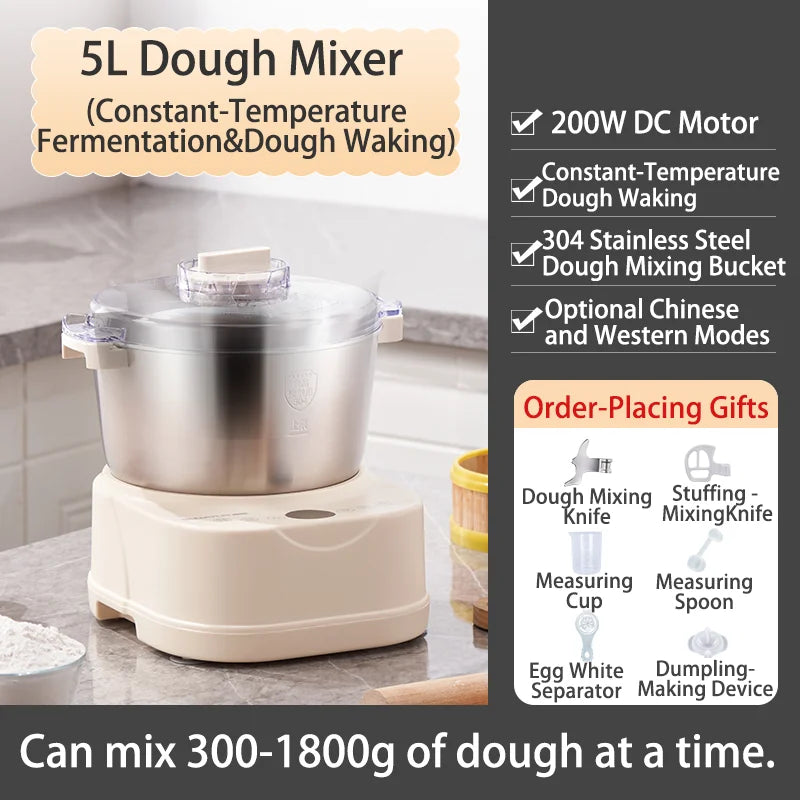 SUNATUR 5L/7L Electric Dough Mixer,250W DC Motor,Stainless Steel Bowl,Timed Fermentation,All-in-One