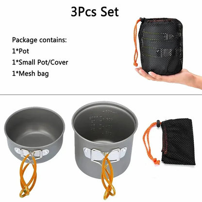 Portable 1-2 Person Aluminum Camping Cookware Set – Foldable Pot, Lid & Utensils