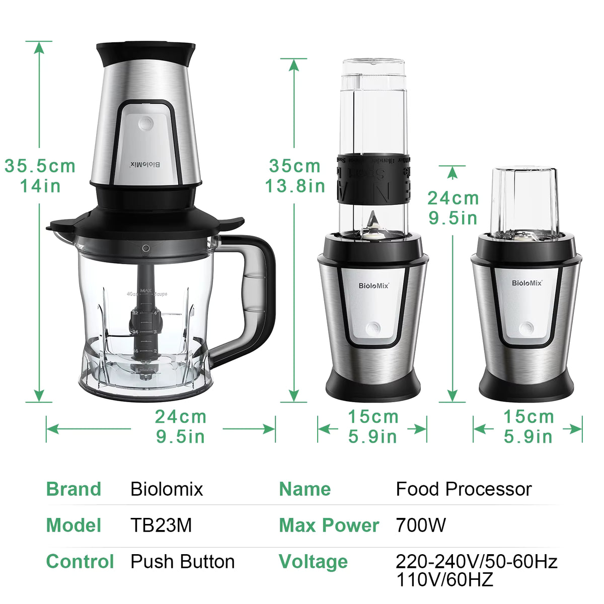BioloMix TB23M 700W 3-in-1 Blender, Chopper and Grinder Set