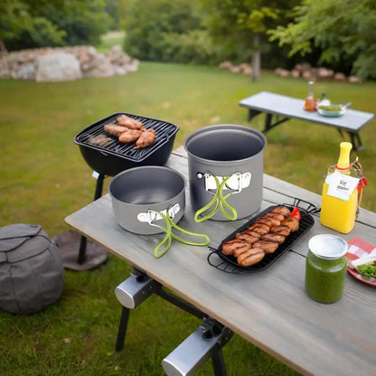 Portable 1-2 Person Aluminum Camping Cookware Set – Foldable Pot, Lid & Utensils