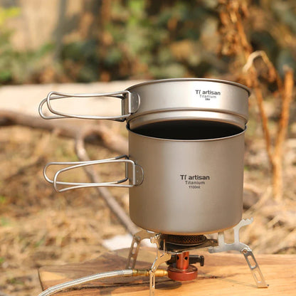 Ultralight Titanium Camping Cookware Set – Folding Handle Pot & Frying Pan for Backpacking, Hiking & Picnic