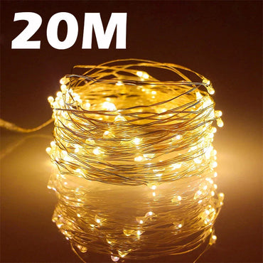 Coiled string of lights with '20M' label on a dark background
