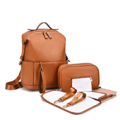 PU Leather Diaper Bag — Large Capacity Maternity Backpack with Changing Pad & Detachable Stroller Straps