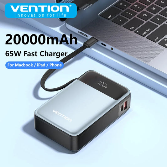 20000mAh 65W PD Power Bank with Built-in USB-C Cable - Portable 3-Port Laptop Fast Charger with LED Display