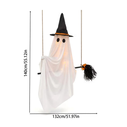 Hanging Ghost Broom Halloween Decoration with Light Options