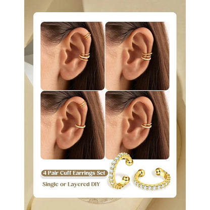 drperfect 4-Pair Ear Cuff Set - No Piercing, Adjustable Clip-On Cartilage Earrings, Brass, 14K Gold Plated or Silver, Hypoallergenic, Nickel-Free - 6 Styles