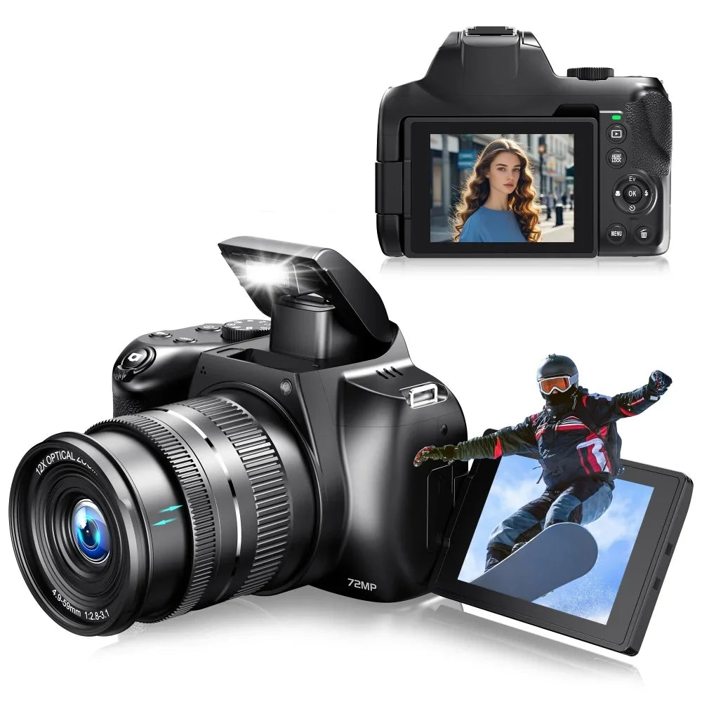 12X Optical Zoom 72MP DSLR Camera 270° Rotative Flip Screen Digital Photographic Camera Xenon Light Macro Lens 4K Wifi Camcorder