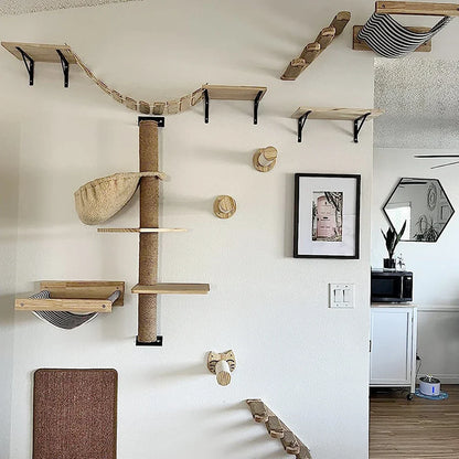 Wall-Mounted Cat Climbing Shelves with Steps, Scratching Post and Hideaway Bed