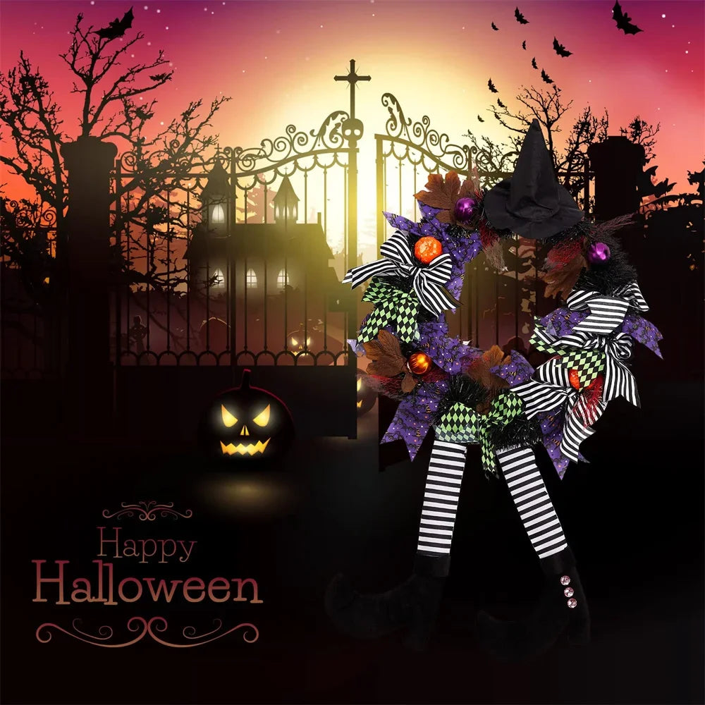 Halloween Witch Leg Pumpkin Wreath - Vintage Rattan Front Door Garland with Acorn, Maple Leaf & Pumpkin Decor for Outdoor Party Display
